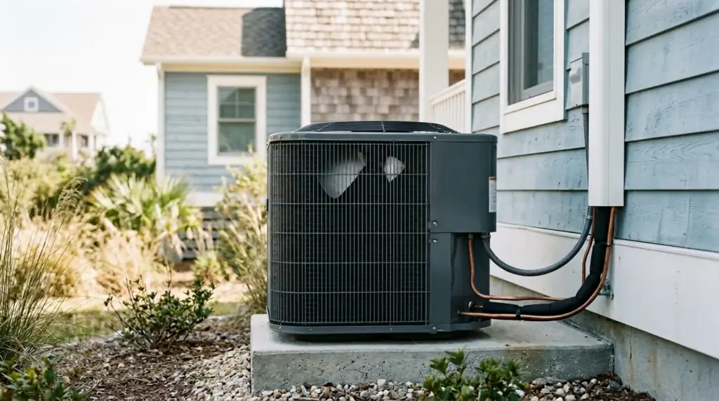 Outdoor heat pump unit at a Grand Strand home, representing the 2026 federal HVAC tax credit changes