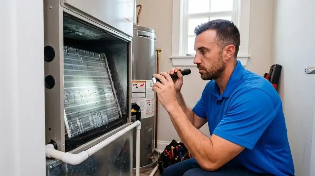 HVAC technician inspecting an evaporator coil and air handler for moisture in a coastal Carolina home
