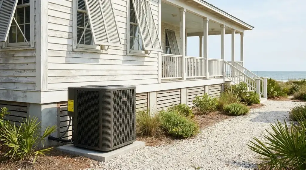 High-efficiency air conditioner condenser installed at a coastal North Myrtle Beach home on the Grand Strand