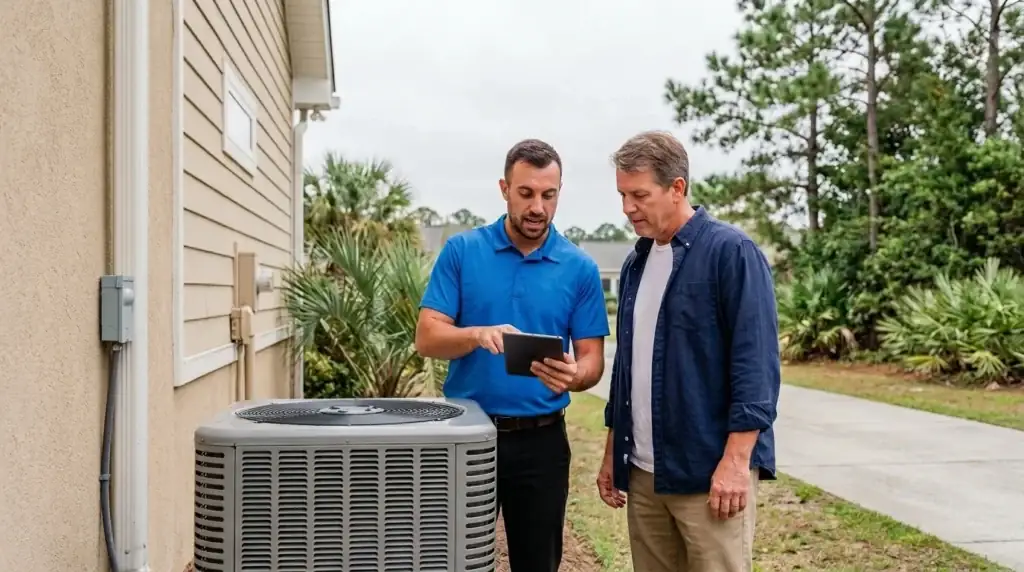 Technician reviewing a written AC repair quote with a homeowner beside a Grand Strand condenser